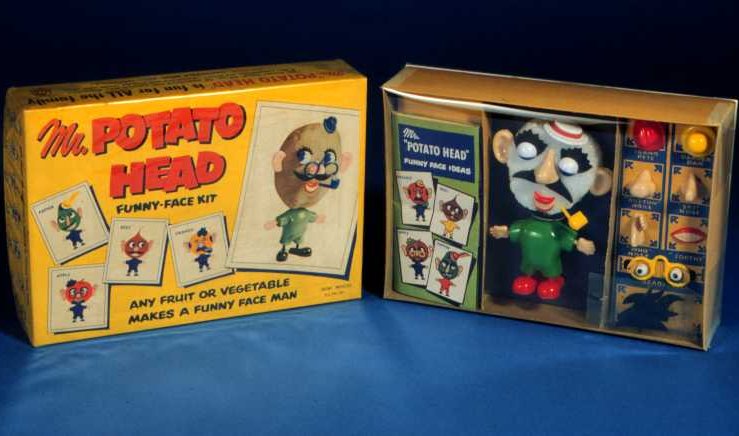The image shows two vintage Mr. Potato Head boxes.