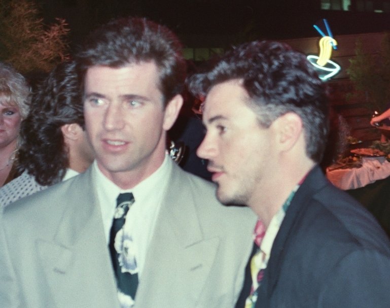 Mel Gibson and Robert Downey, Jr. at the premiere of the film Air America