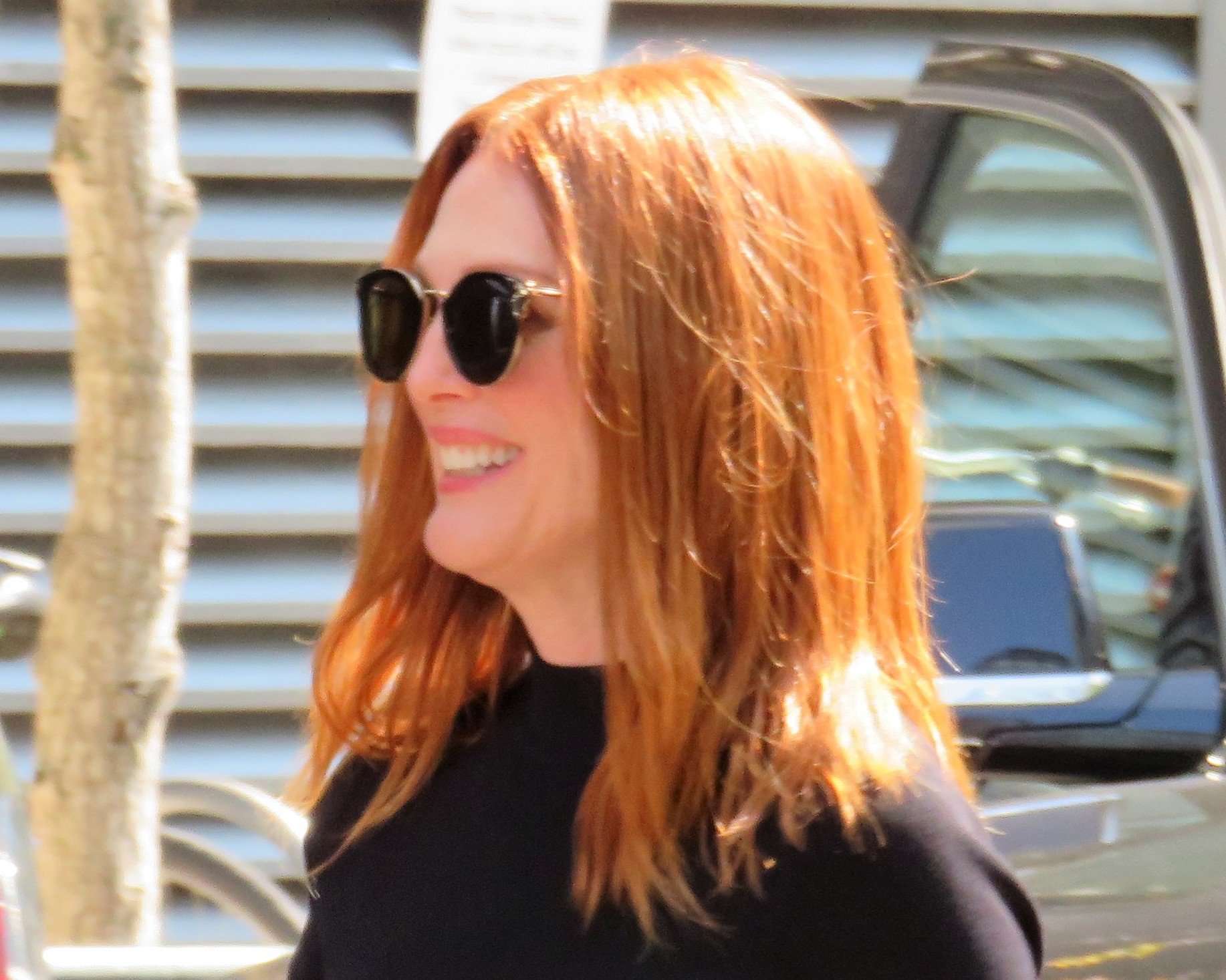 Julianne Moore wearing black shirt and sunglasses