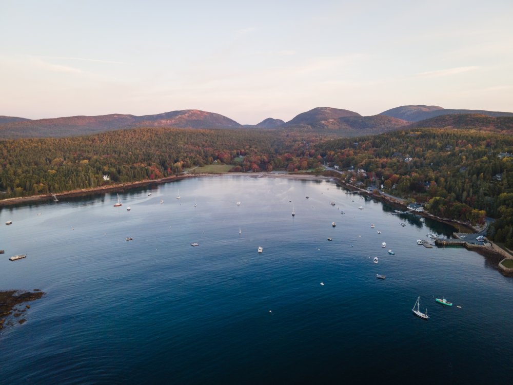 Aerial View of Boats Moored in Seal Harbor on Mount Desert Island, Maine