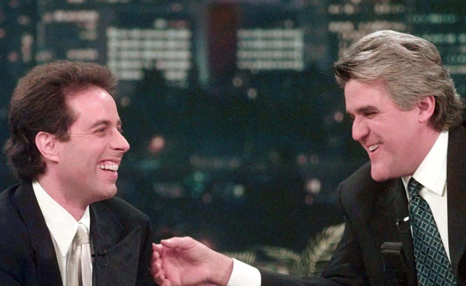Television star Jerry Seinfeld an Jay Leno during the taping of "The Tonight Show With Jay Leno"
