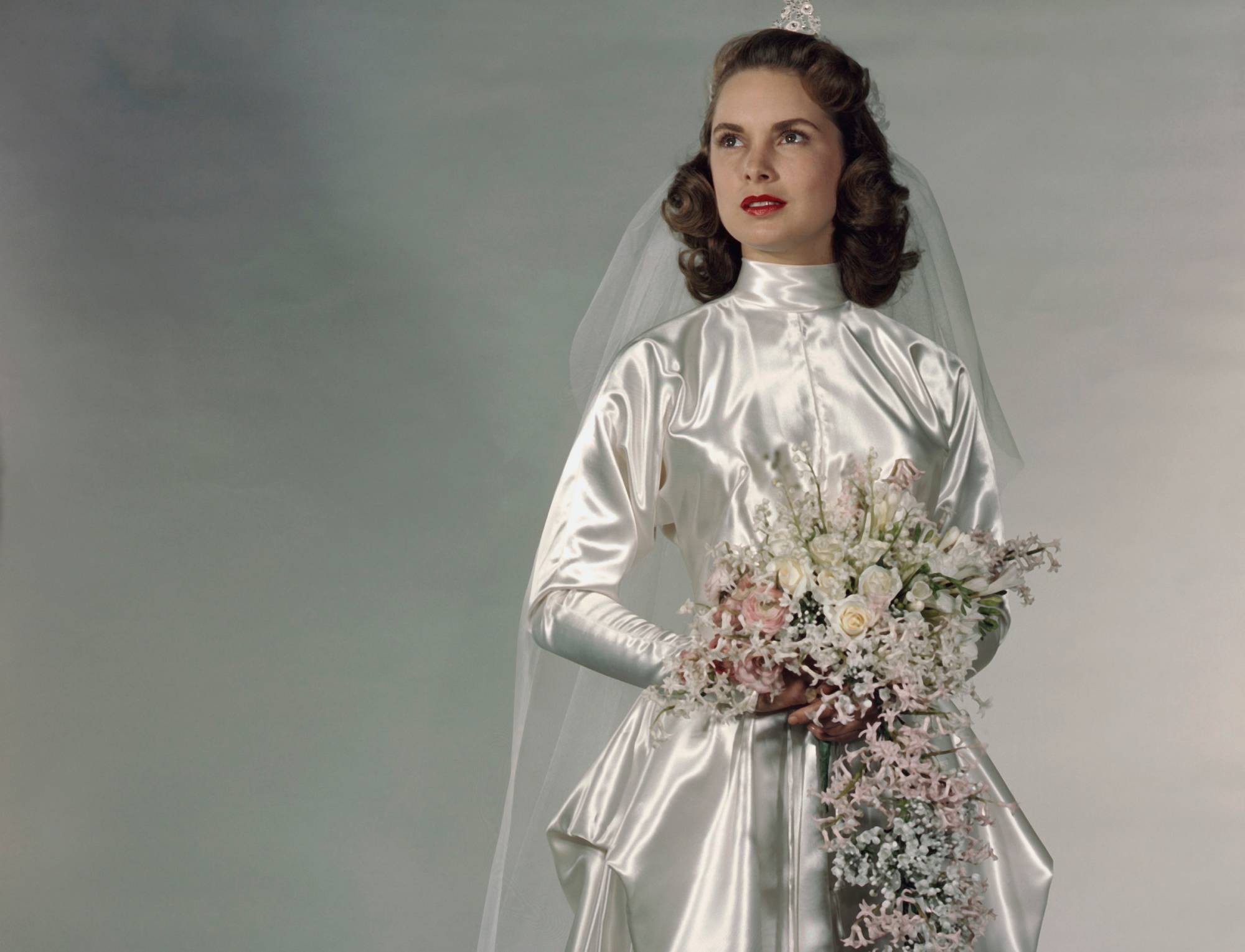 American actress Janet Leigh wearing a wedding dress