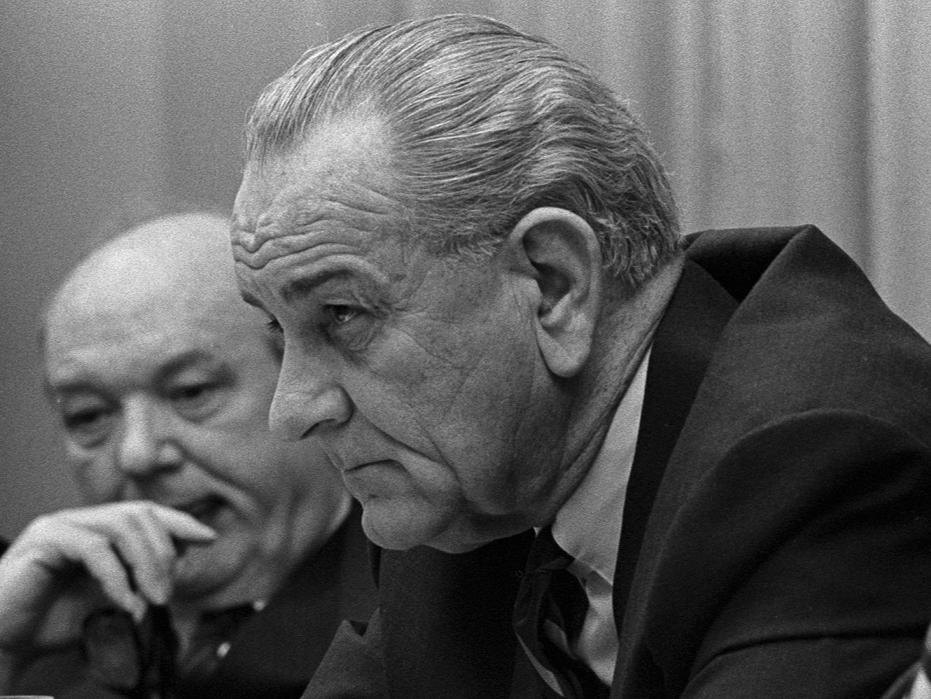 Dean Rusk, Lyndon B. Johnson In Cabinet Room Meeting - 1968
