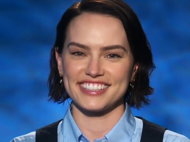 British actress Daisy Ridley wearing blue shirt