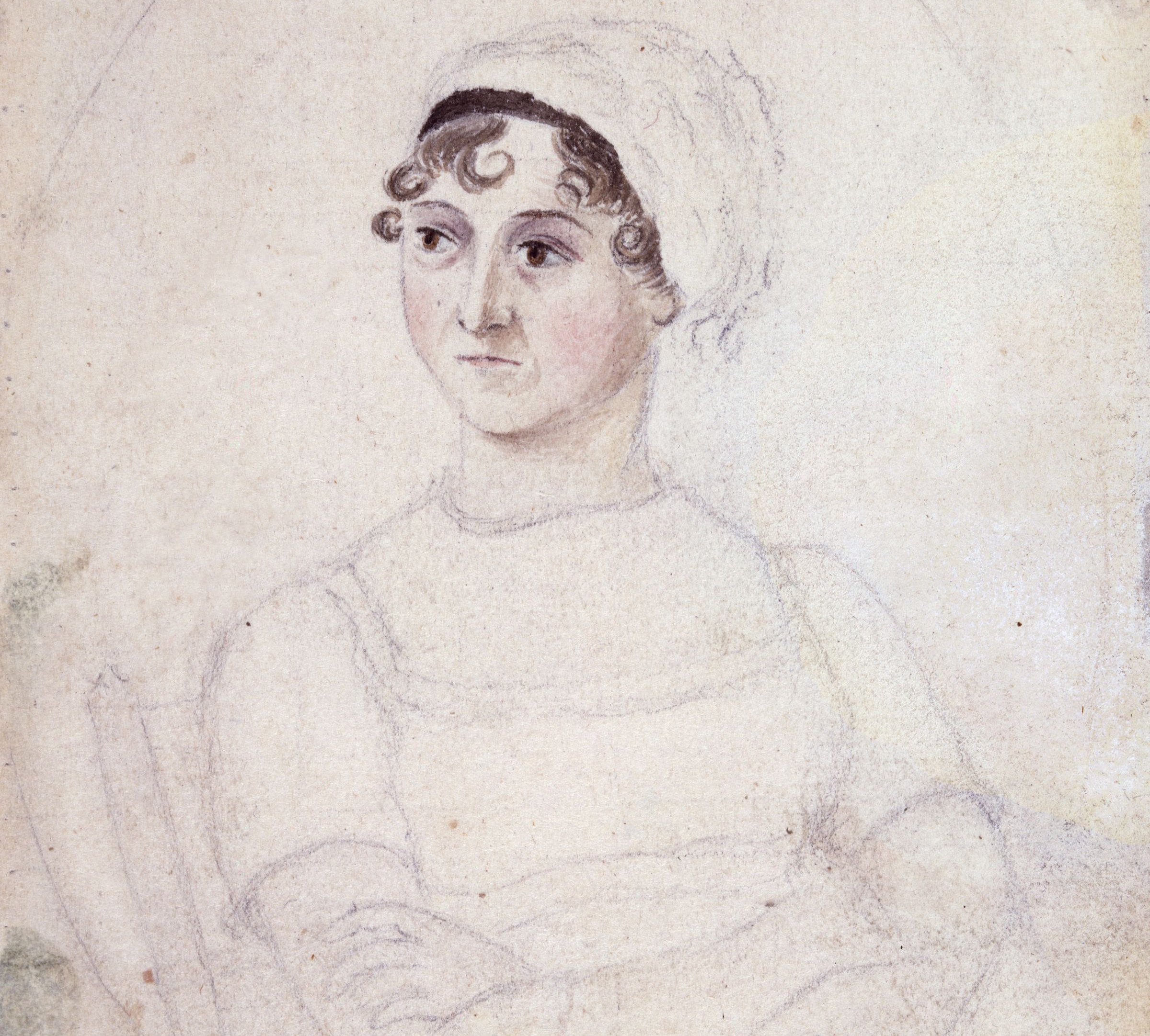 Portrait of Jane Austen in watercolor and pencil