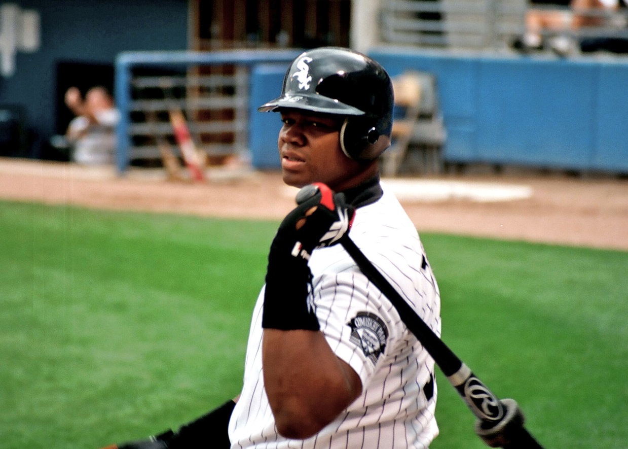 Frank Thomas on deck for the Chicago White Sox during a game at New Comiskey Park on August 17, 1997.