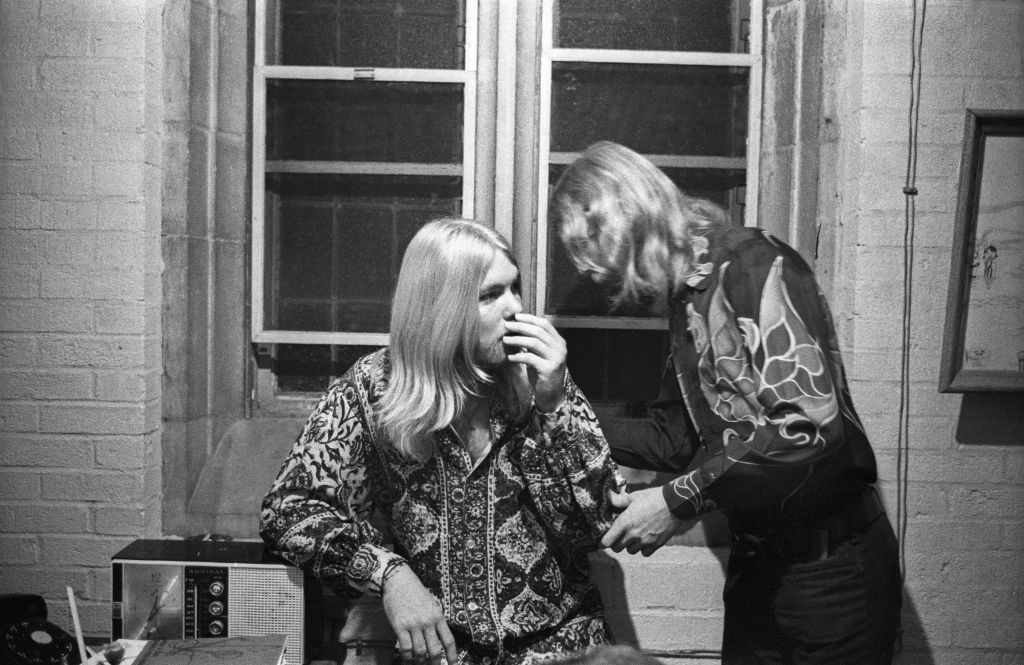 The Allman Brothers In South Carolina,  Duane Allman (R) chats with his brother Greg Allman (L)