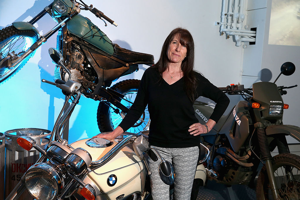 : Wendy Leech poses in front of the BMW motorcycle she drove in 'Tommorow Never Dies'