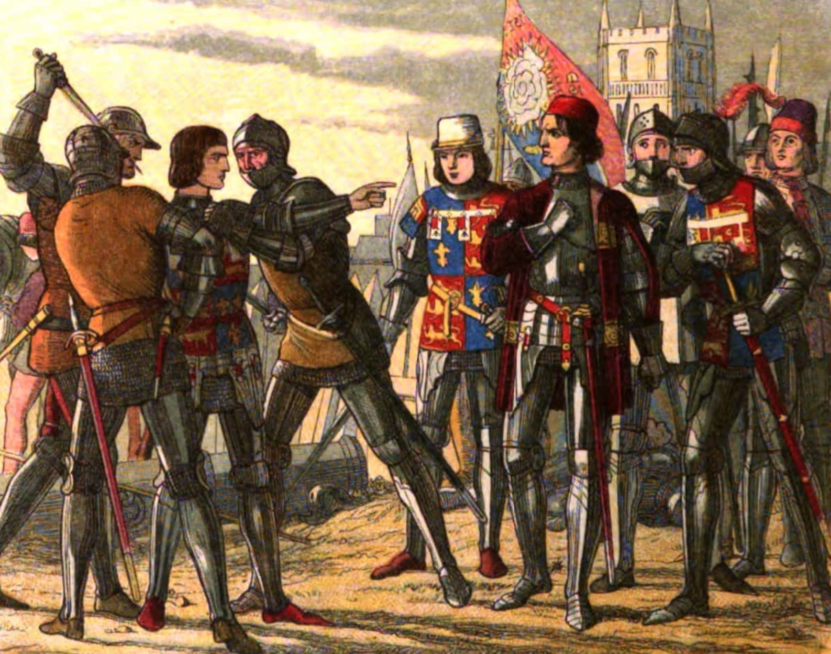 Edward of Westminster, Prince of Wales , is brought to Edward IV for questioning in the aftermath of the Battle of Tewkesbury