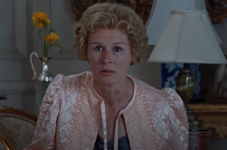 Glenn Close as  Sunny von Bulow in  the movie wearing  pink bathrobe