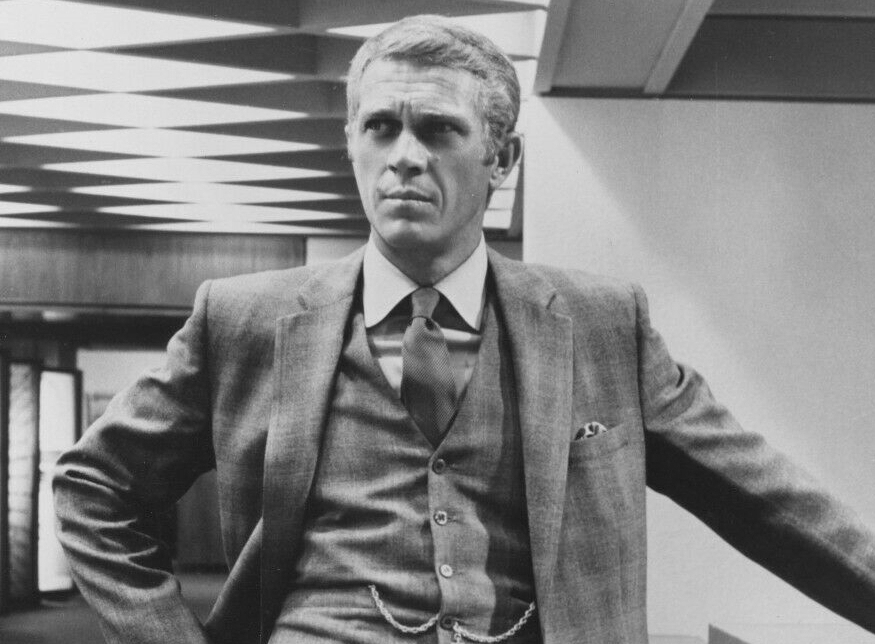 Steve McQueen in The Thomas Crown Affair, 1968 wearing gray suit