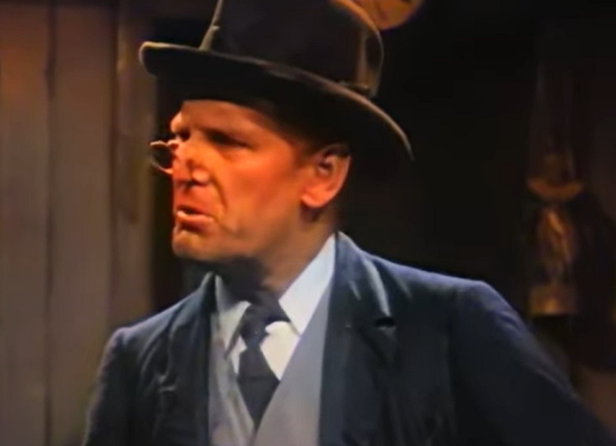 Screenshot of Will Hay wearing hat looking surprised - from Oh, Mr Porter! (1937)