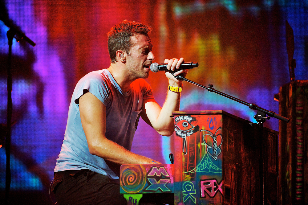 Chris Martin singing and playing piano