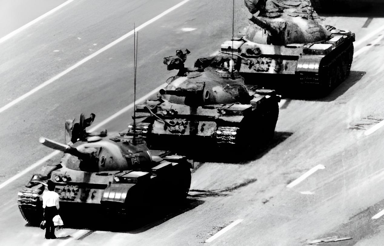 Grayscale Photo of Tank Man on Tiananmen Square, Beijing in 1989