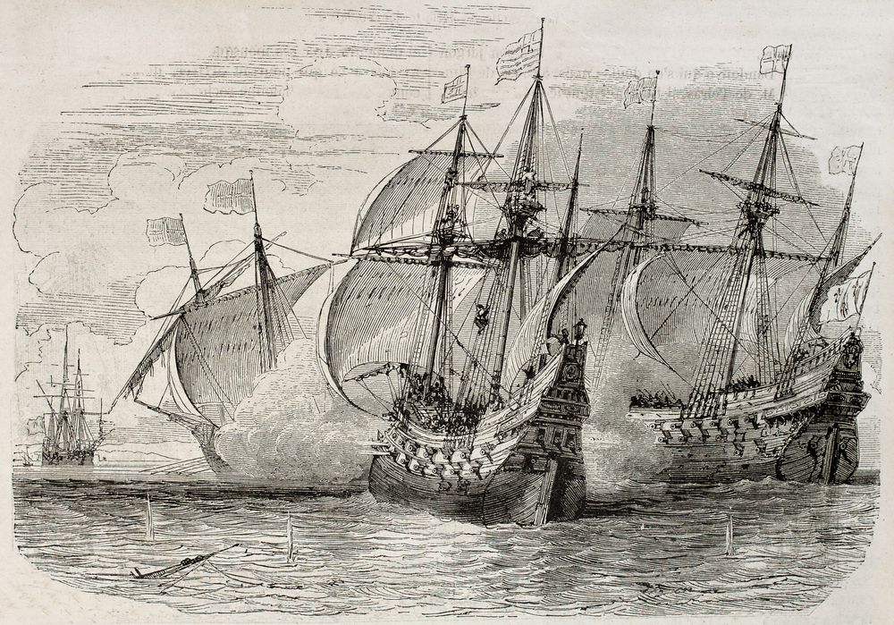 Old illustration of sea battle between French and British ships