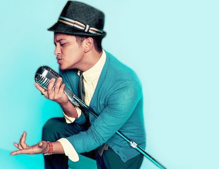 Portrait Photo of Bruno Mars in a blue suit and a hat