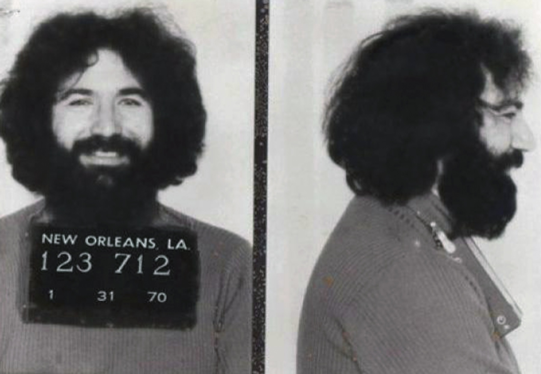 A mug shot of Grateful Dead guitarist Jerry Garcia (1942 - 1995), following his arrest in New Orleans, 31st January 1970.