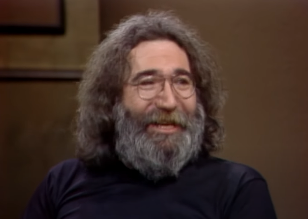 Screenshot of Jerry Garcia talking at camera - from Late Night With David Letterman (1982-93)