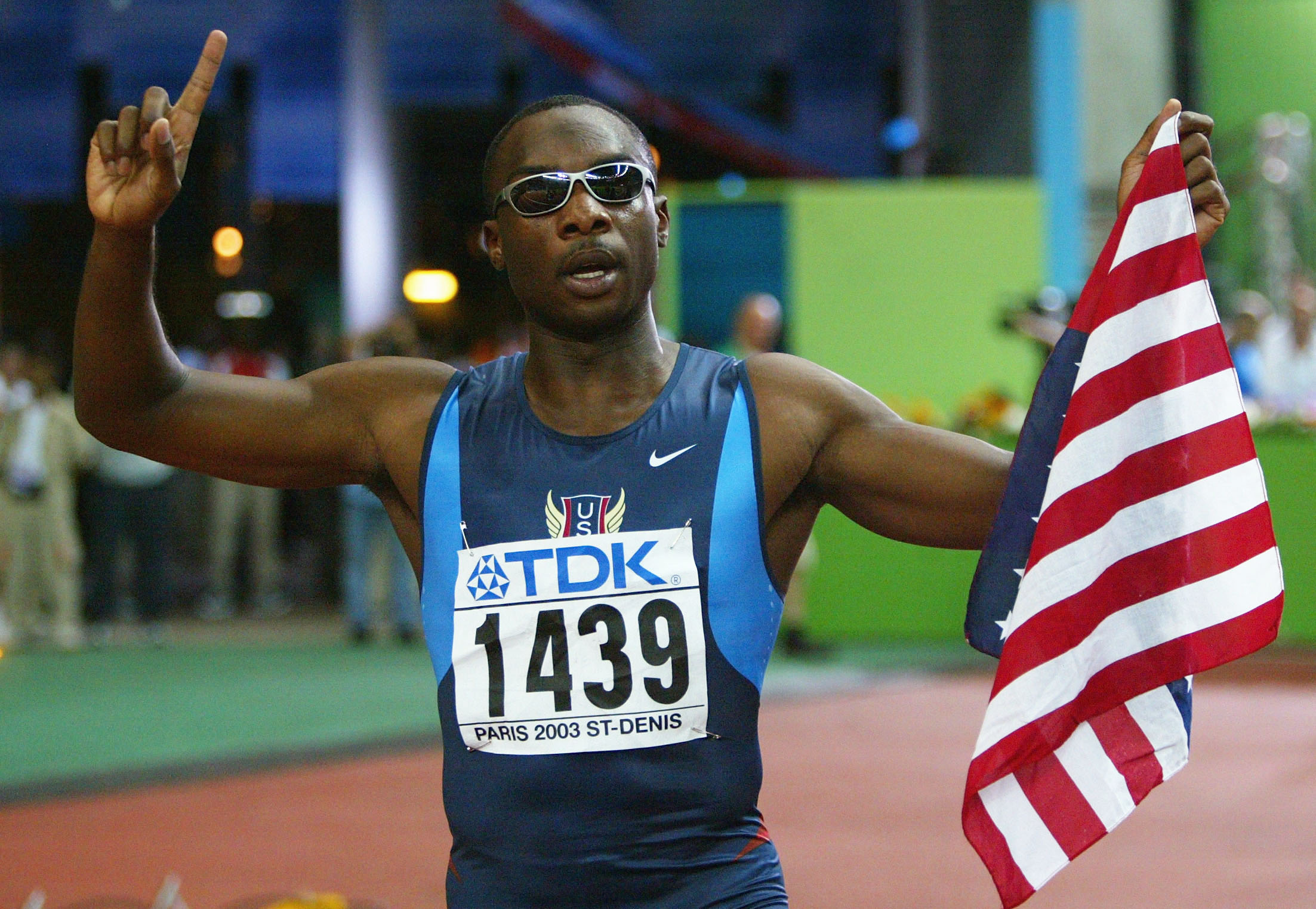Jerome Young of USA celebrates after winning