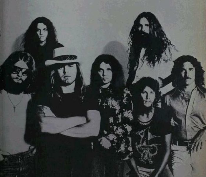 Grayscale Portrait Photo of the American southern rock band Lynyrd Skynyrd