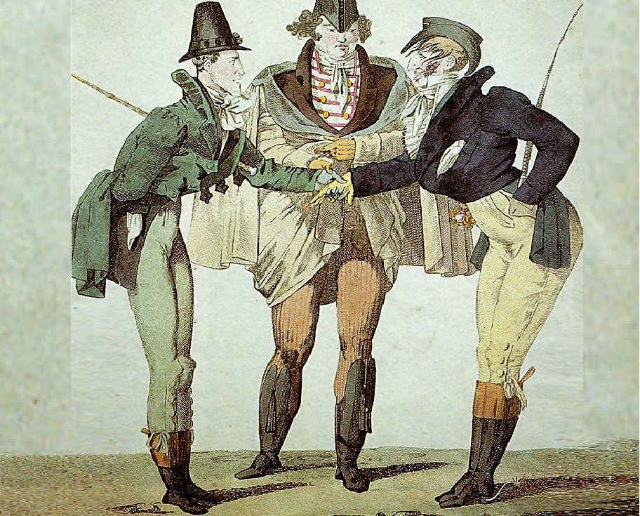 Drawing of male fashions from Caricatures Parisiennes, 1802