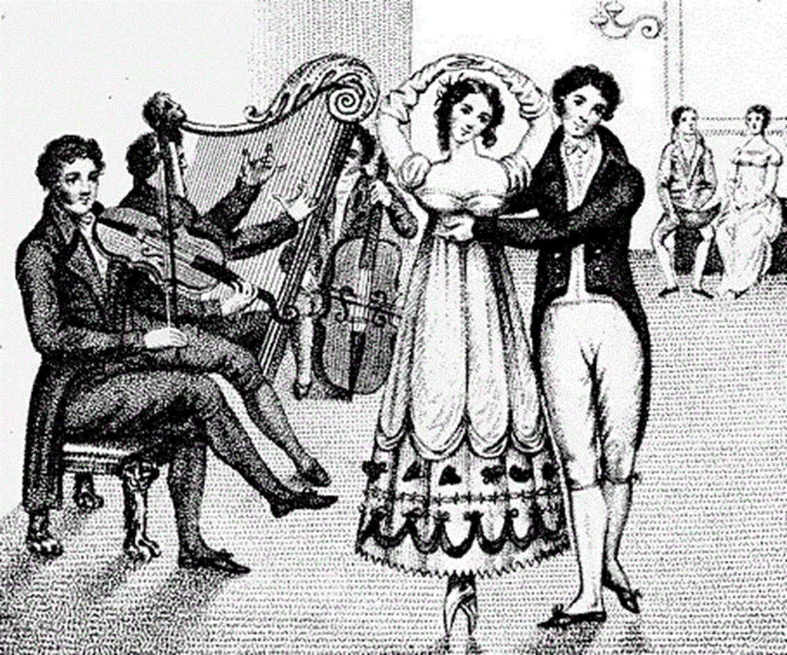 An 1817 engraving depicting couple waltzing.