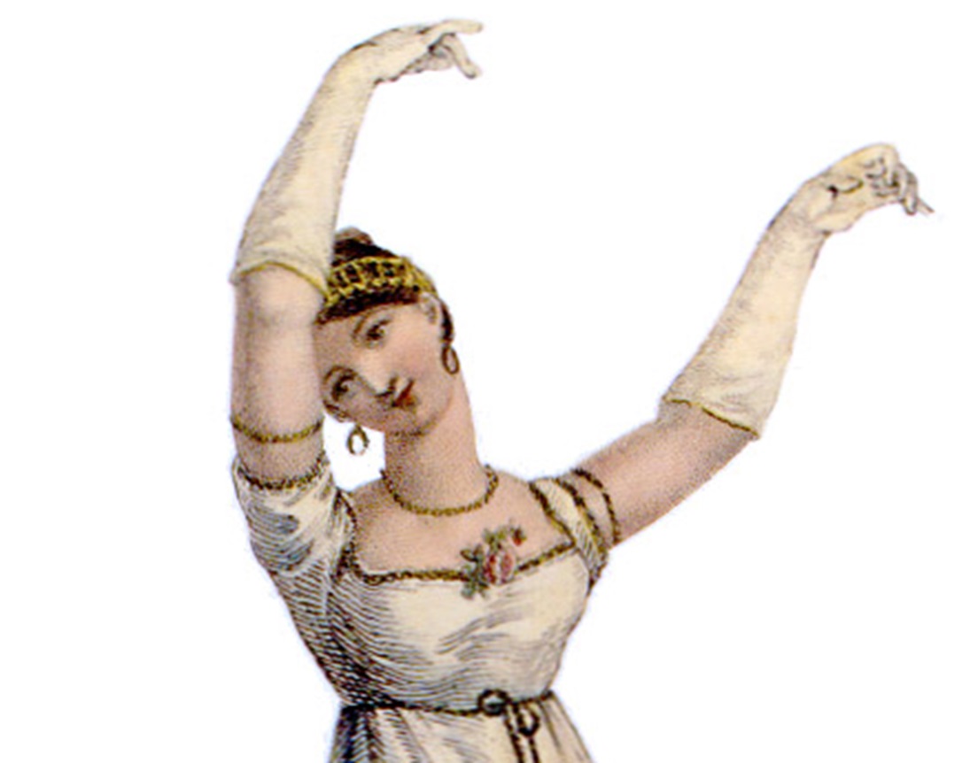 High-waisted dancing dress from 1809, with a slit overskirt