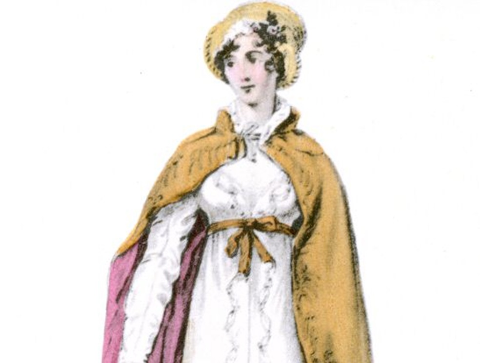 Reproduction of 1813 illustration from La Belle Assemblée showing a woman wearing short cape as overgarment