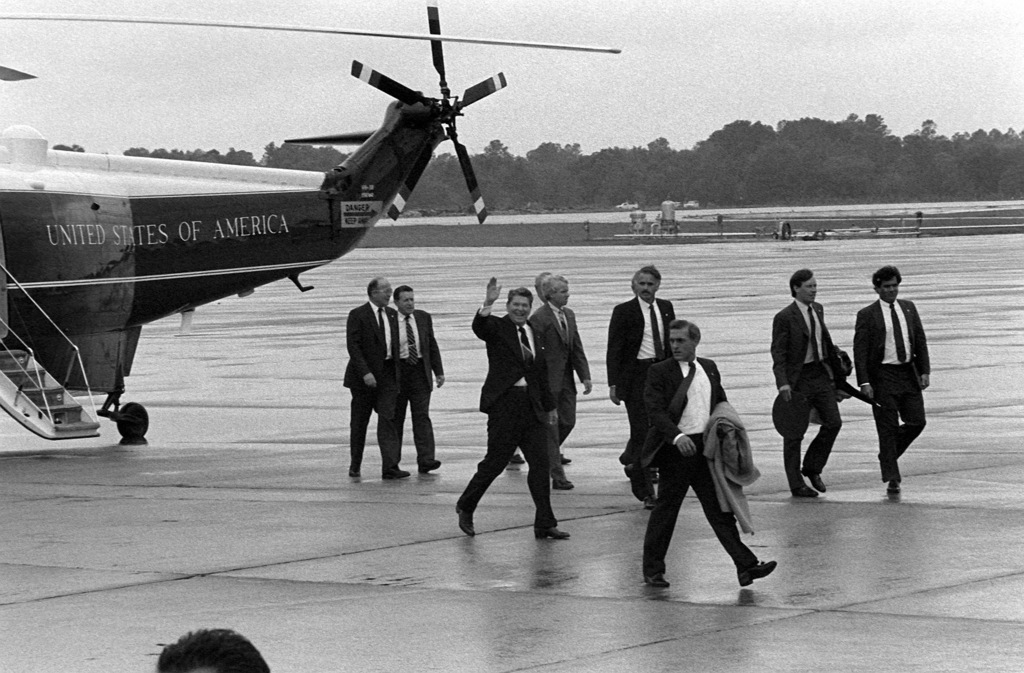 President Ronald W. Reagan waves to the crowd upon his arrival