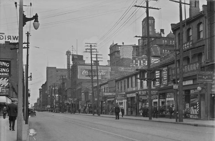 Queen Street West, south side, looking east from York Street.