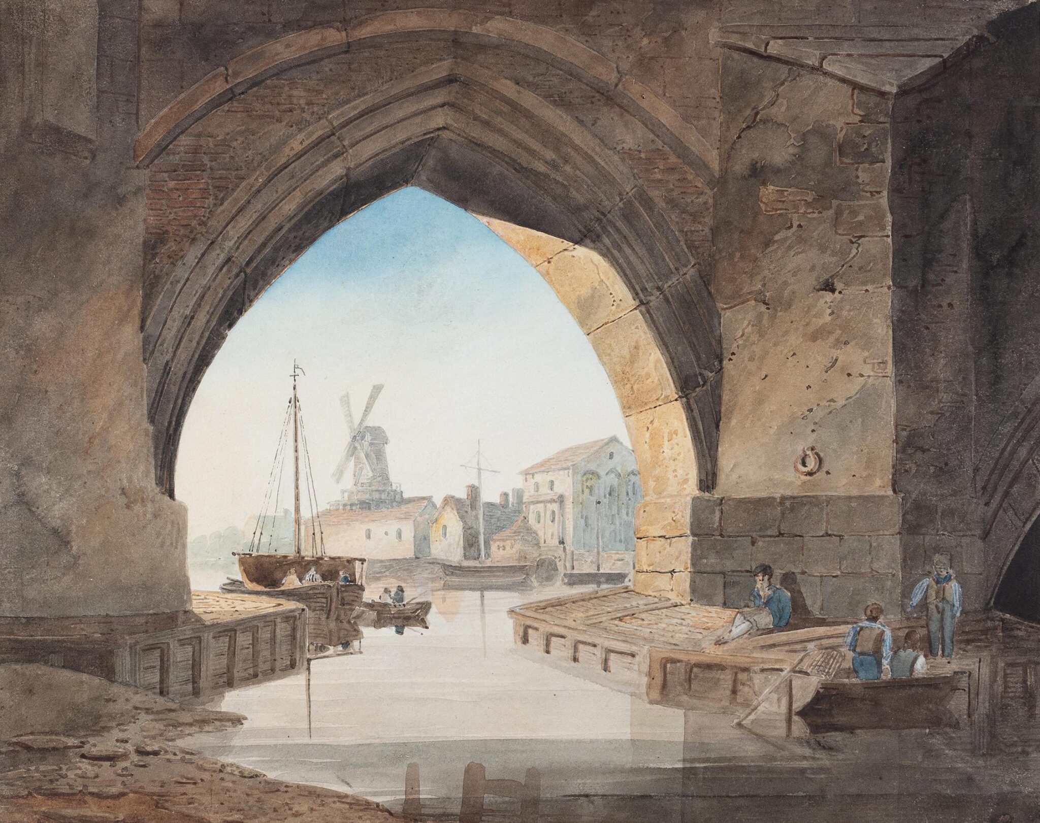 Painting by Frederick Mackenzie, circa 1810, identified as Bow Bridge