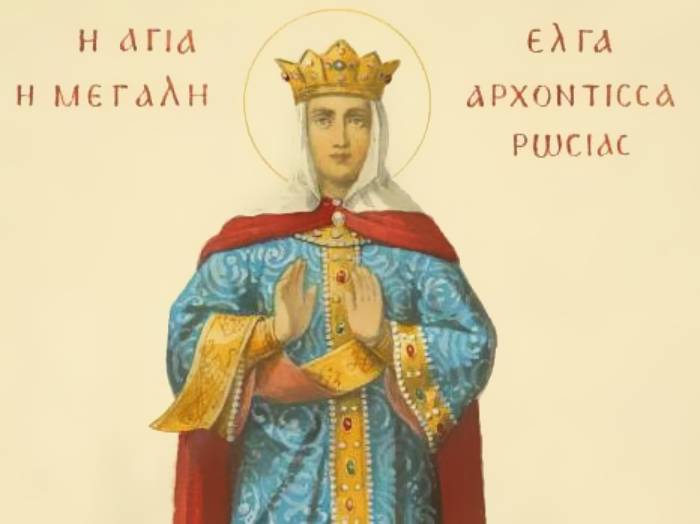 Olga of Kiev in blue and red clothes