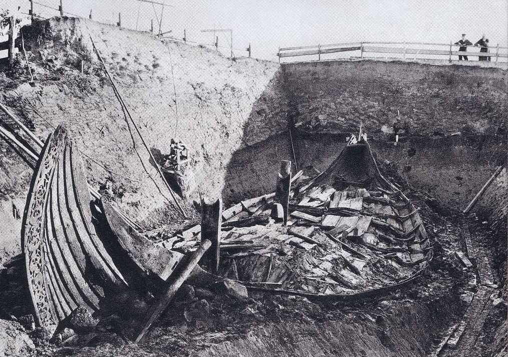 The Oseberg ship at the archeological site - 1904