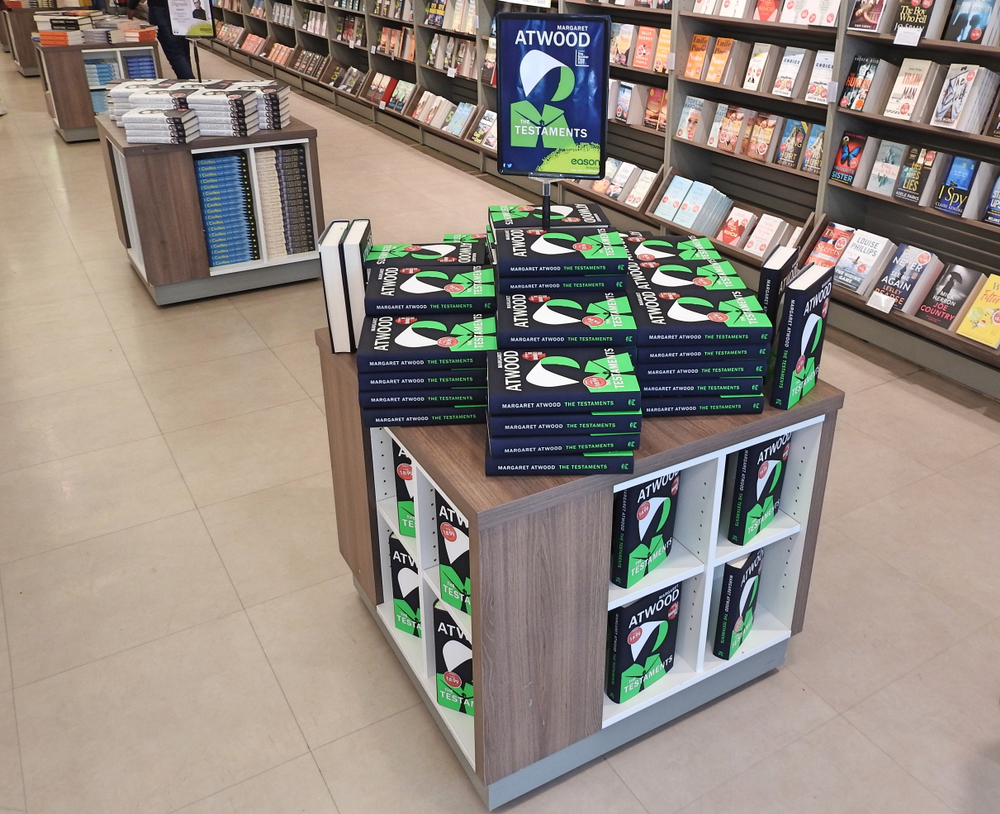Book display of Margaret Atwood's The Testaments novel