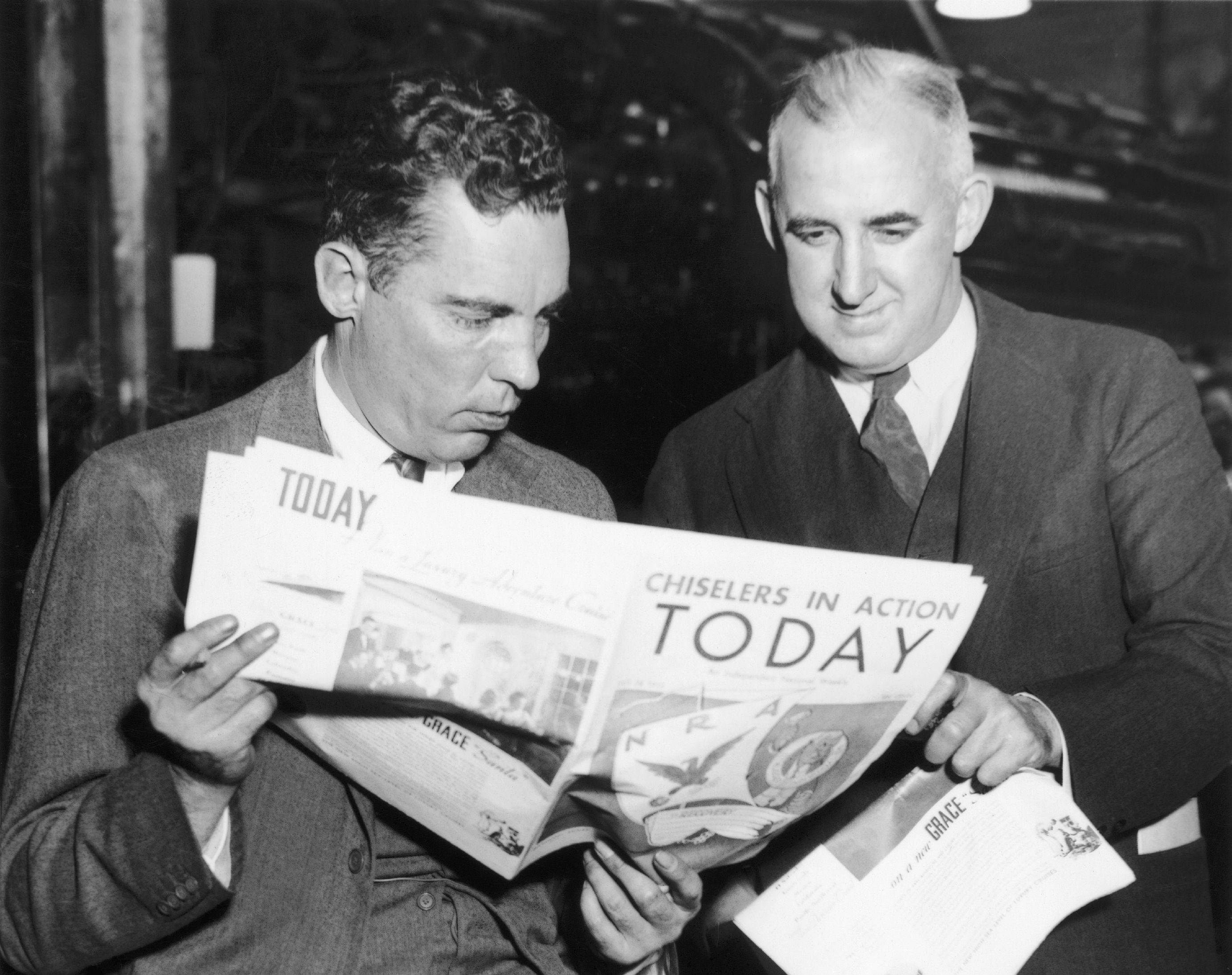 Vincent Astor and editor Raymond Moley watch the first printing of their magazine 'Today'