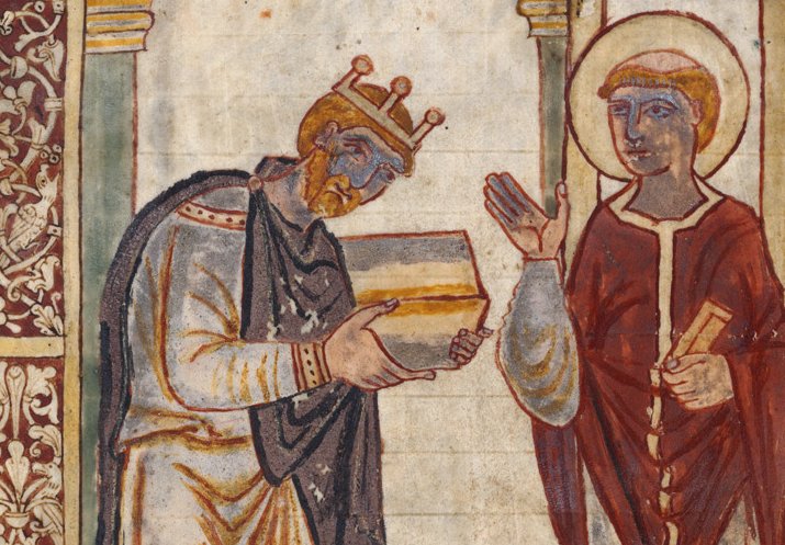 King Athelstan (left) presenting a book to St Cuthbert (right)