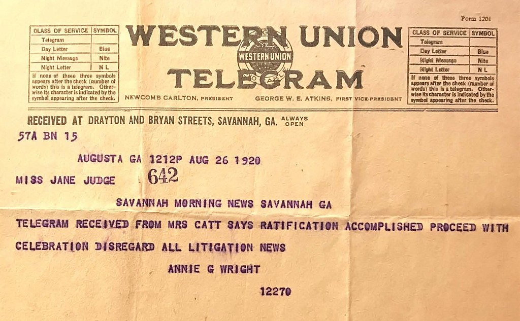 1024Px-Western Union Telegram To Jane Judge Of Georgia From Annie G. Wright On Passage Of Nineteenth Amendment, August 26, 1920