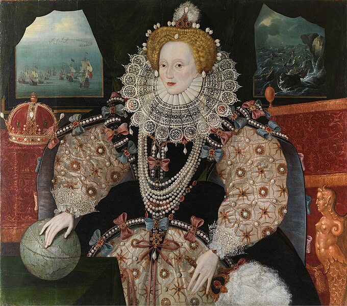 Elizabeth I in a dress and elaborate jewels
