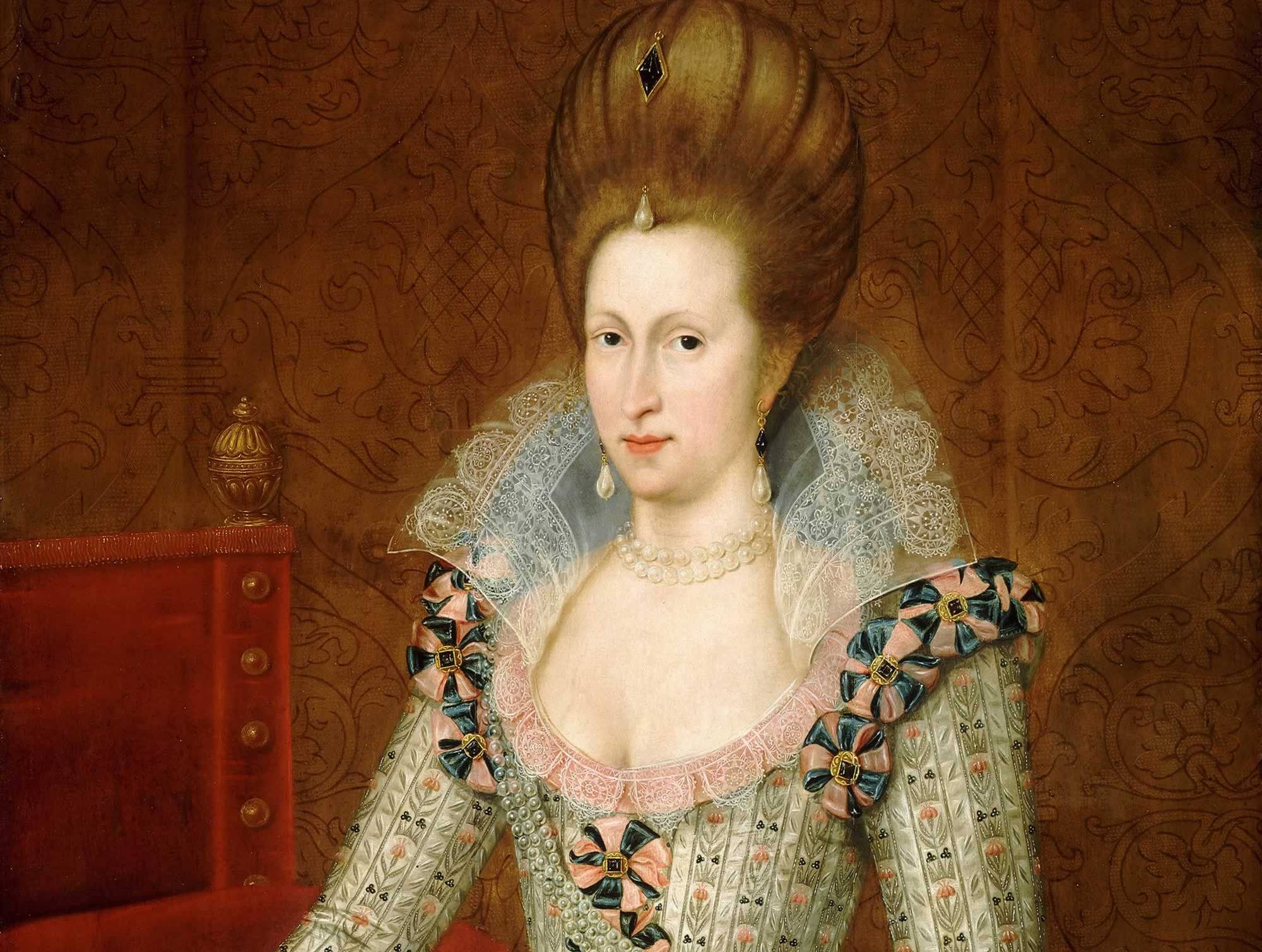 Anne Of Denmark 1605 in green and pink dress