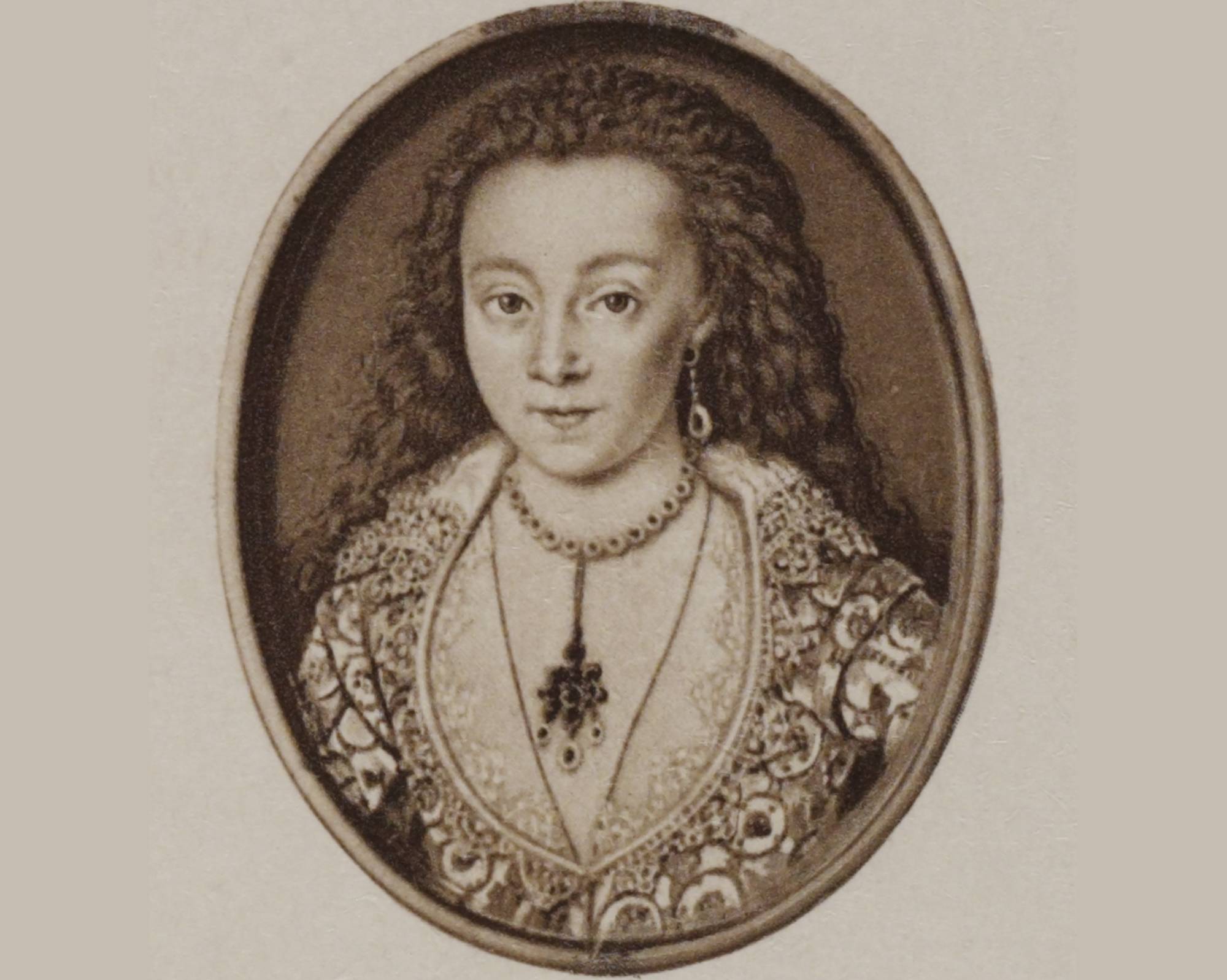 Lady Arabella Stuart wearing patterned dress