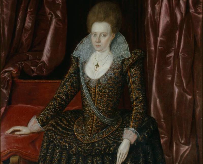 Lady Arbella Stuart dressed in elaborate, ornate clothing