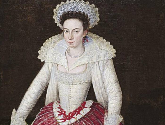 Lady Arabella Stuart in white and red dress