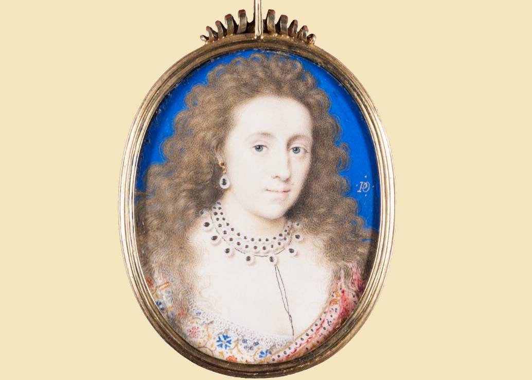 Lady Arabella Stuart miniature portrait in flowers patterned dress