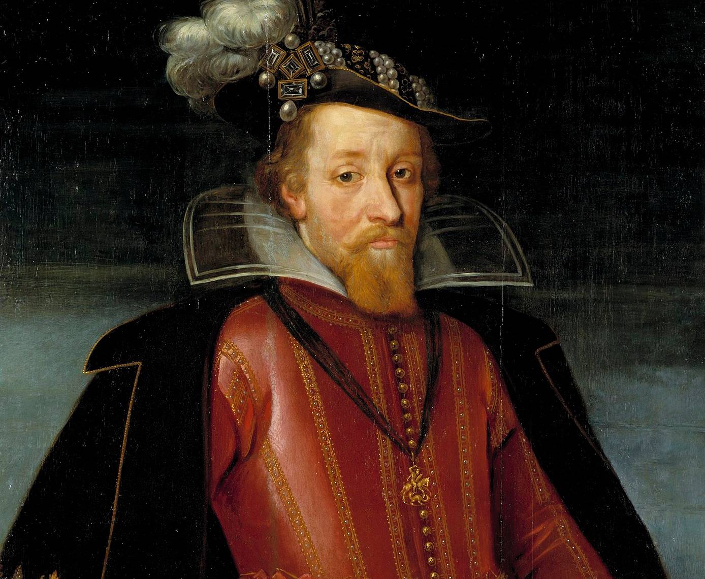 Portrait Of King James I Of England And Vi Of Scotland in red and black