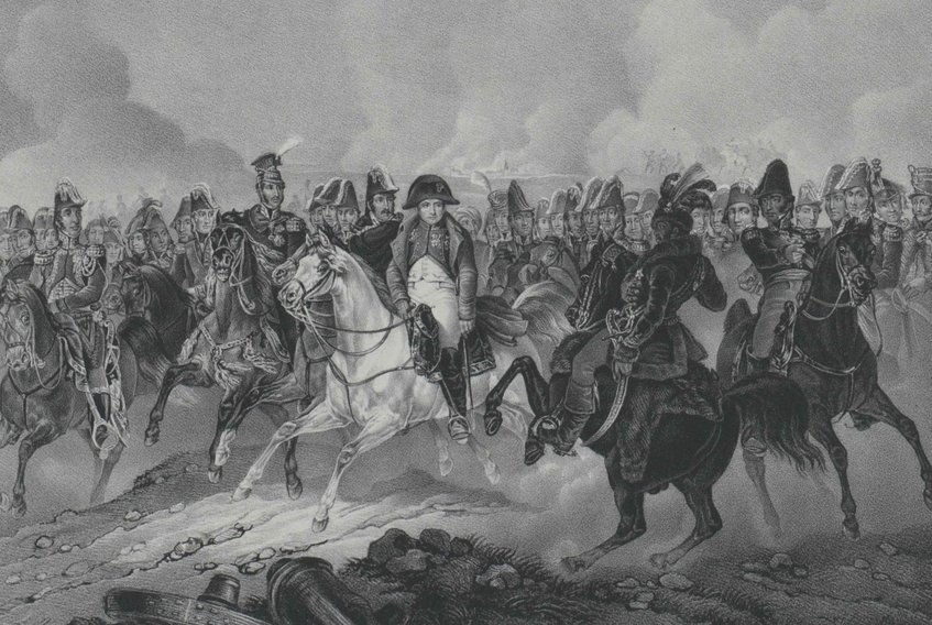 Dramatic scene of Napoleon Bonaparte leading his troops into battle