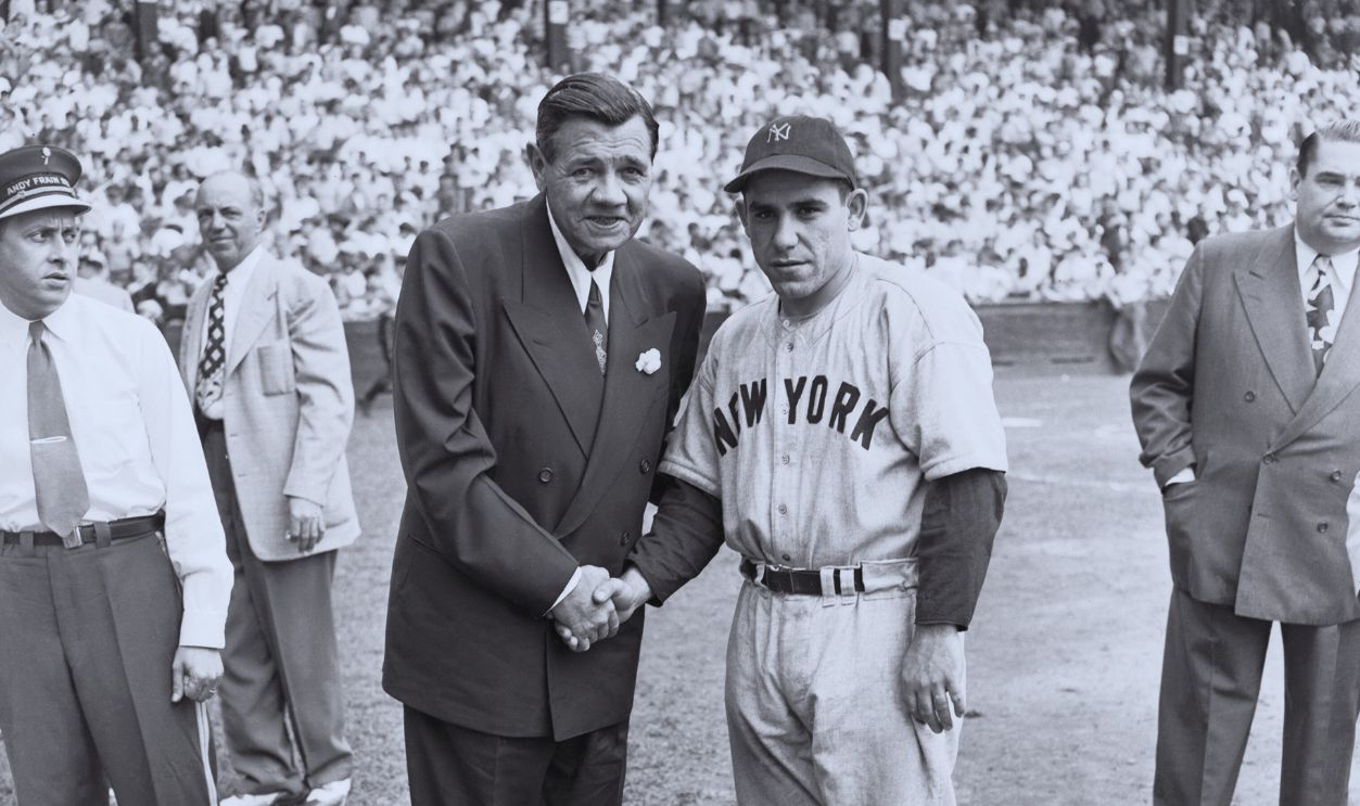 Gettyimages - 515208618, Babe Ruth and Yogi Berra Shaking Hands Larry