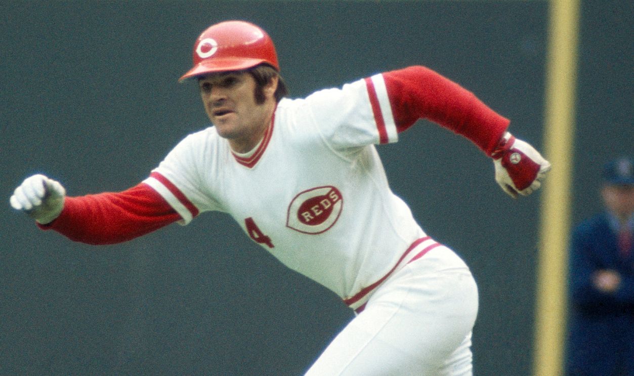 Pete Rose #14 of the Cincinnati Reds takes off for second base at Riverfront Stadium in Cincinnati, Ohio.