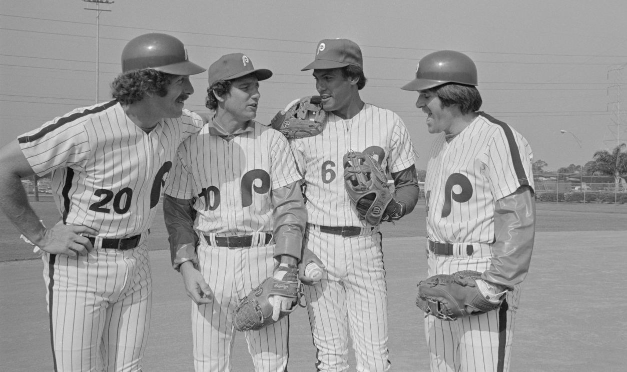 Phillies infielders, left to right: Mike Schmidt, Larry Bowa, Manny Trillo, and Pete Rose.