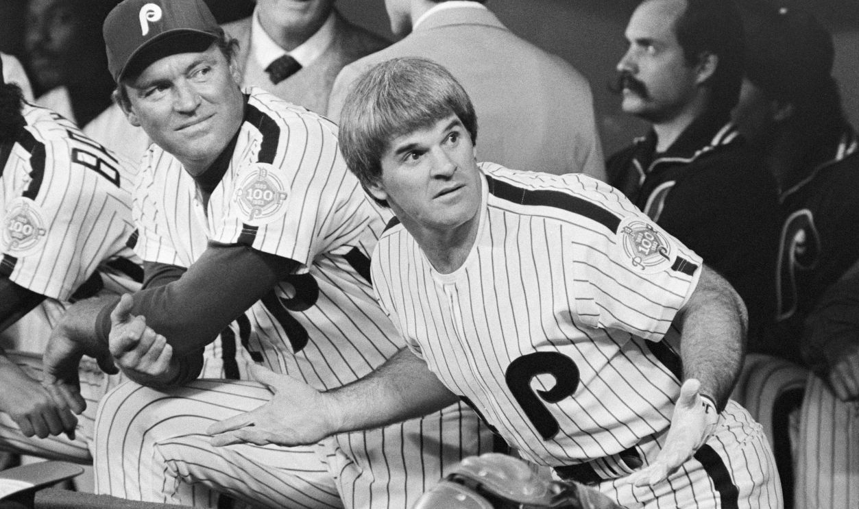 Benched for game #3 of the World Series as the Phillies sought more punch in their lineup, Pete Rose is pictured in the dugout 10/14. Tony Perez was playing first base in Rose's place.