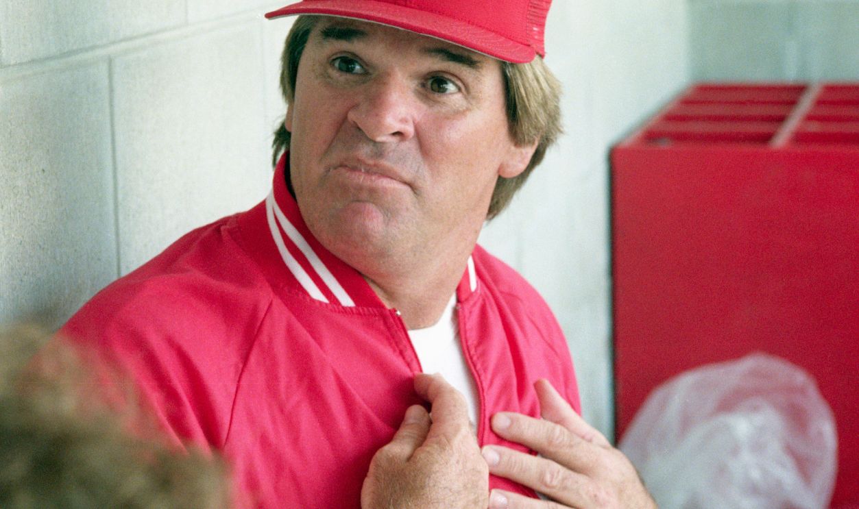 3/22/1989-Plant City, FL-Cincinnati Reds' manager Pete Rose reacts to a reporters question 3/22 in the dugout prior to their contest against the Cards. Rose is under scrutiny by the baseball commissioners office for gambling.